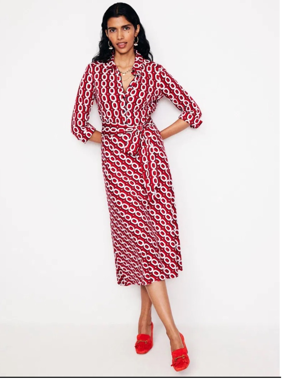 Boden Laura Jersey Midi Shirt Dress- Post box red chain